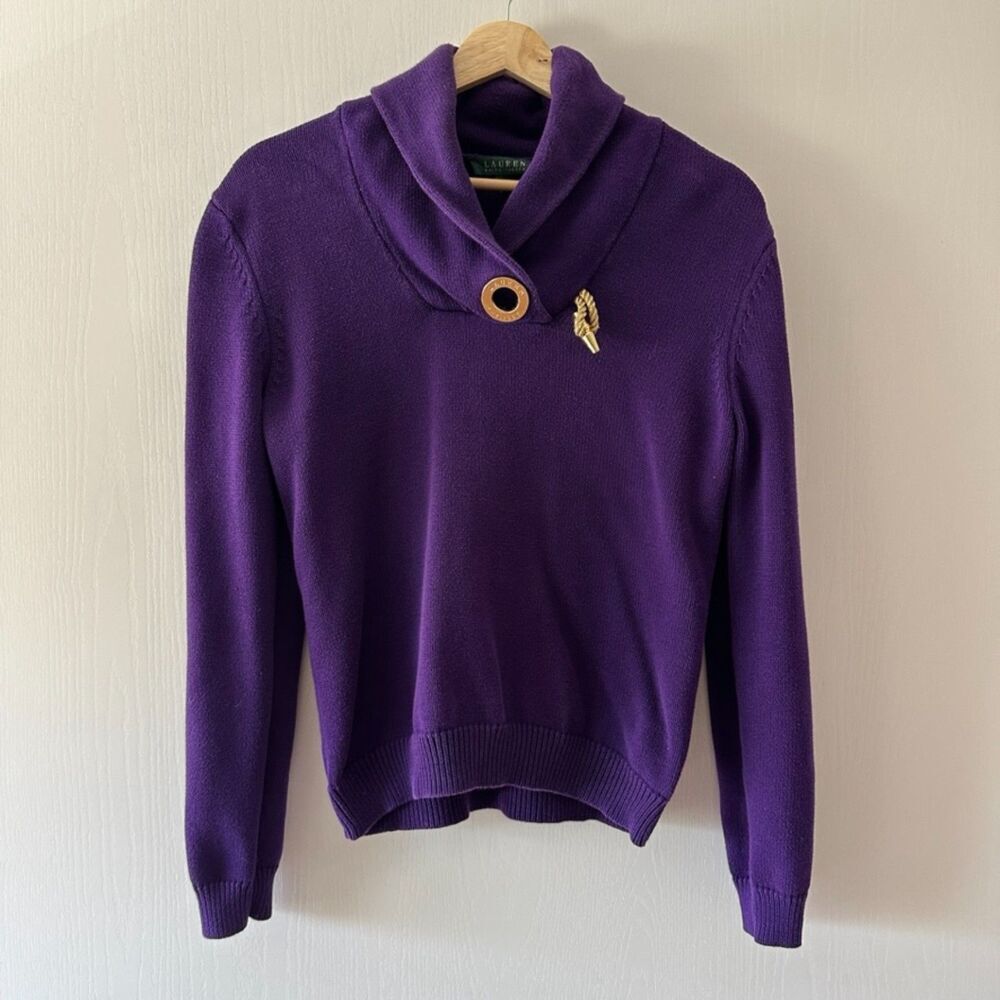 Lauren Ralph Lauren Womens Purple Shawl Collar‎ Sweater Size Medium